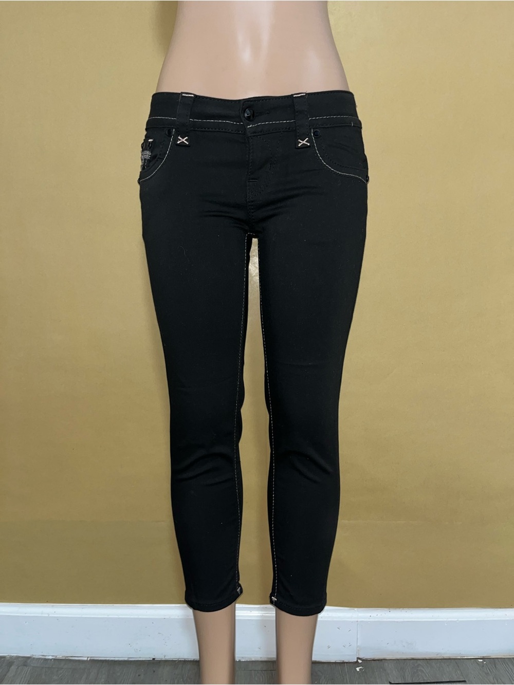 Rock Revival Slim Fit Black Cropped Jeans with Contrast Stitching